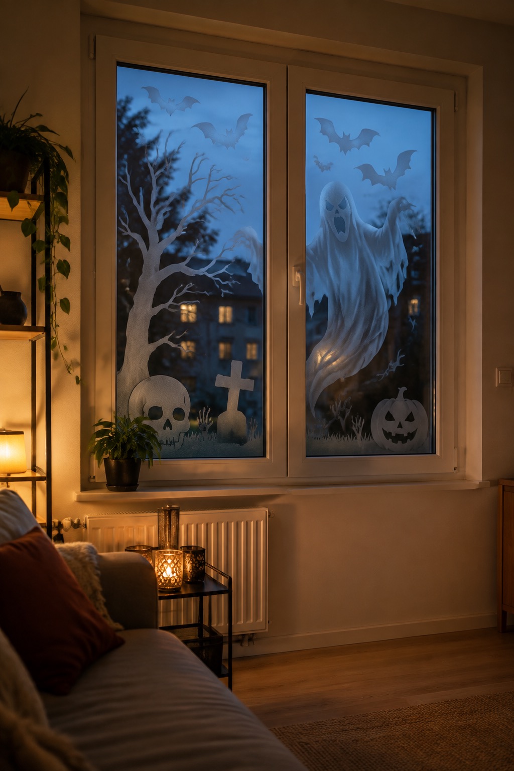Doppelseitige Geister- und Kürbismotive bilden eine gruselige Szene auf einer Fensterscheibe