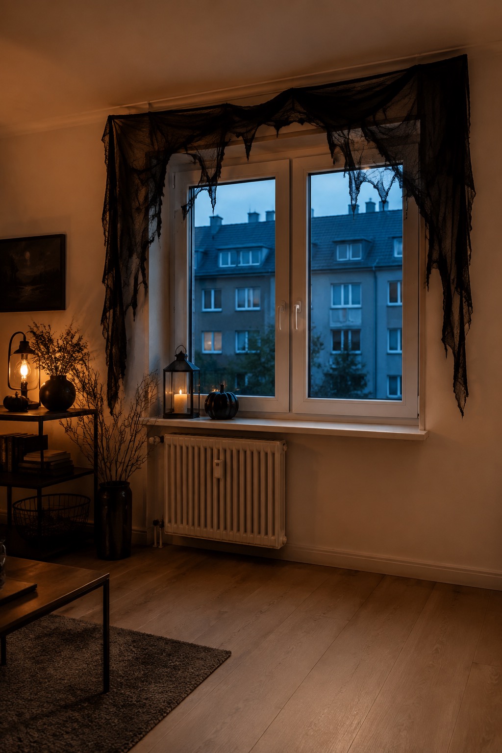 Zerrissener schwarzer Stoff hängt seitlich am Fenster und rahmt die Scheibe wie eine alte Kulisse
