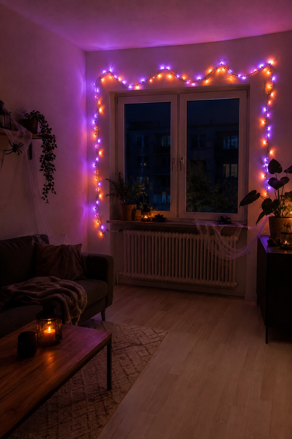 Orange-violette Lichter laufen locker um den inneren Rahmen eines geschlossenen Fensters