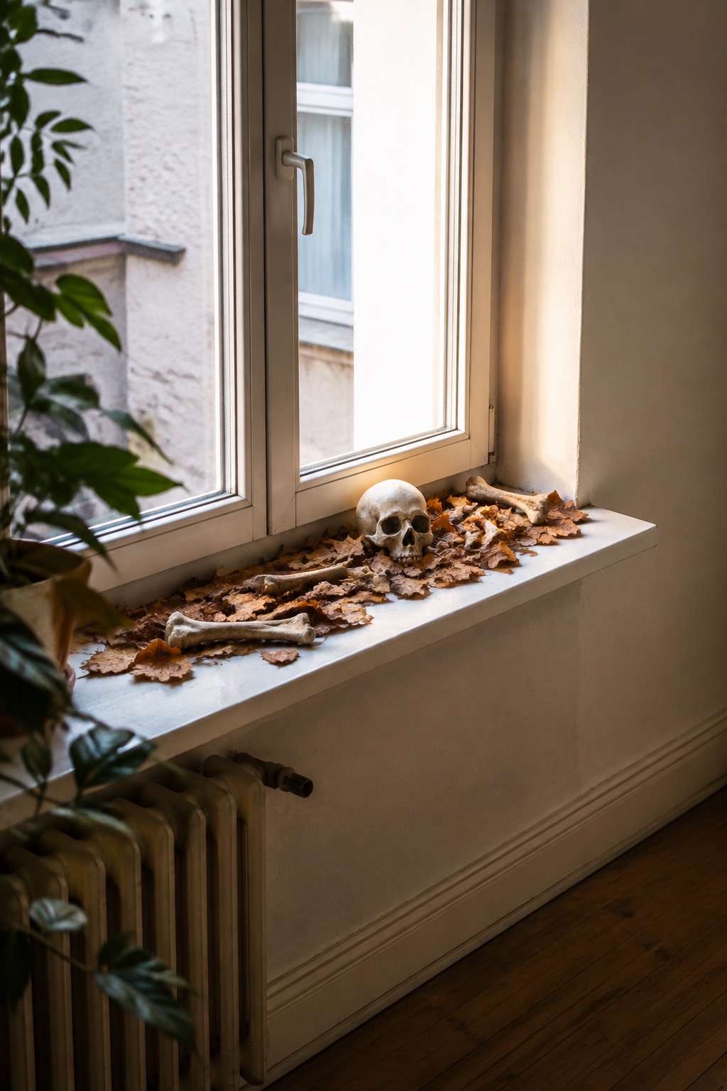 Bleiche Dekoknochen liegen zwischen trockenem Herbstlaub auf einer breiten Fensterbank