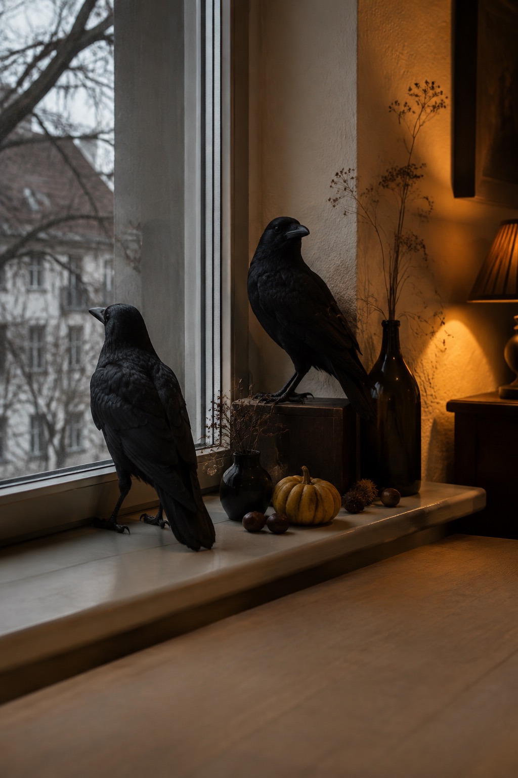Zwei schwarze Dekoraben sitzen versetzt vor einer abendlichen Fensterscheibe