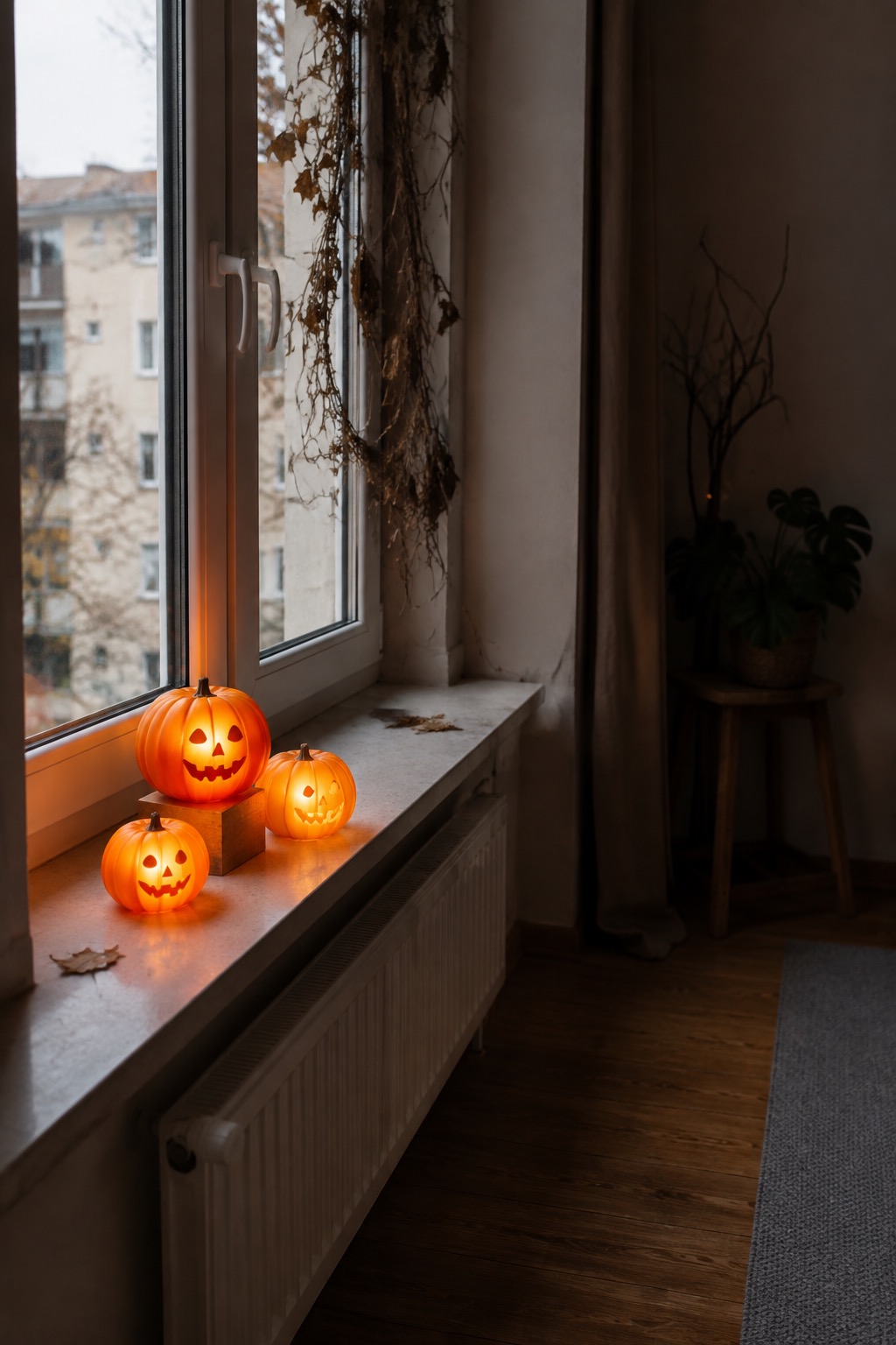 Drei kleine leuchtende Kürbislaternen stehen am festen Teil einer Fensterbank