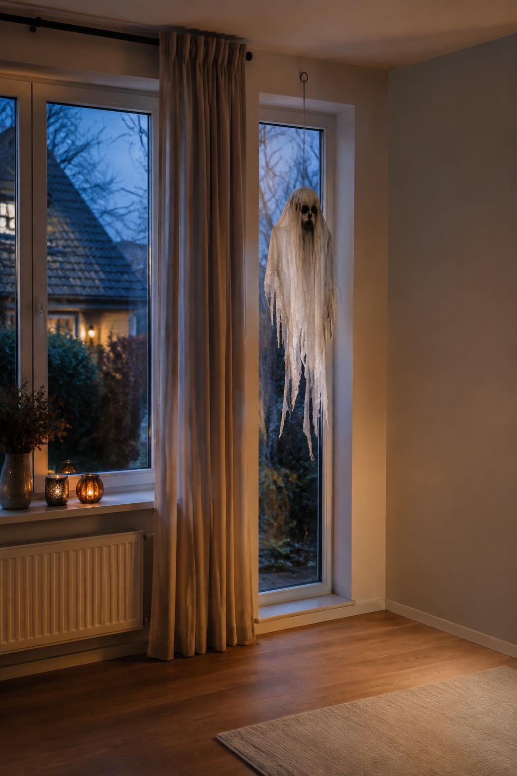 Ein zerrissener Halloween-Geist schwebt vor einem geschlossenen schmalen Seitenfenster