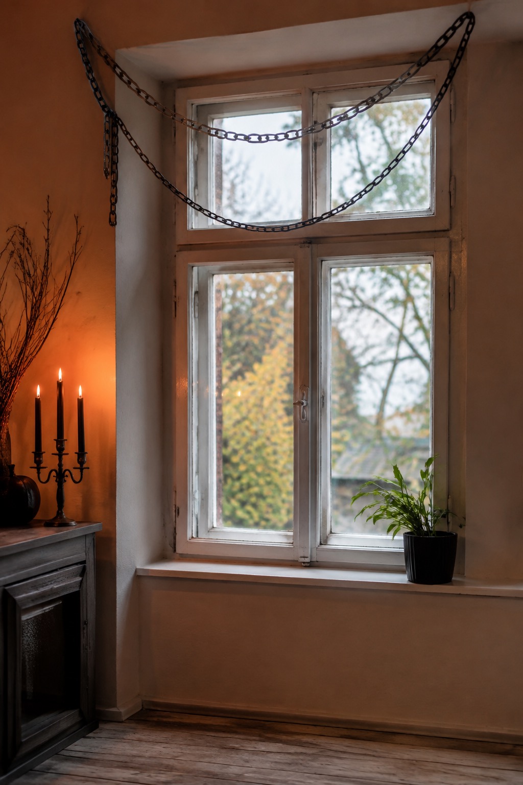 Leicht durchhängende Dekoketten verlaufen über den festen Teil eines alten Fensterrahmens