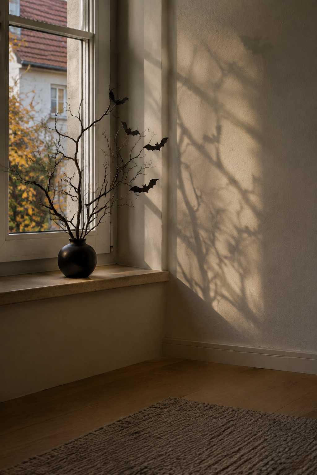 Kahle verdrehte Zweige stehen in einer schwarzen Vase auf der Fensterbank