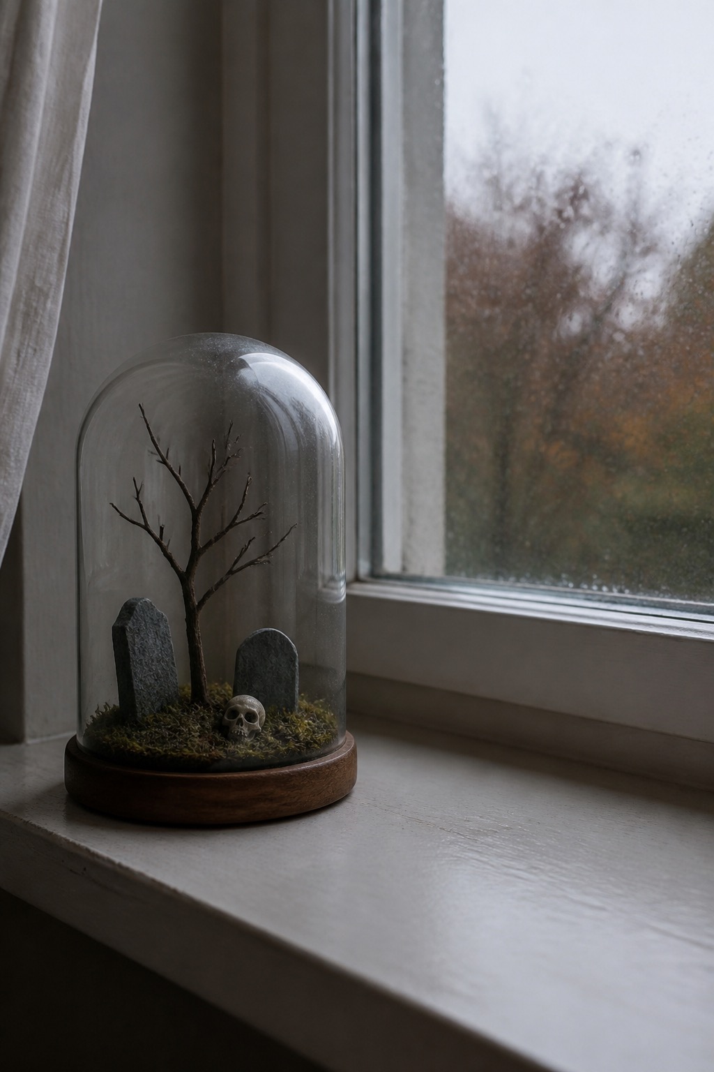 Kleiner Halloween-Friedhof mit Schädeln steht unter einer Glasglocke auf der Fensterbank