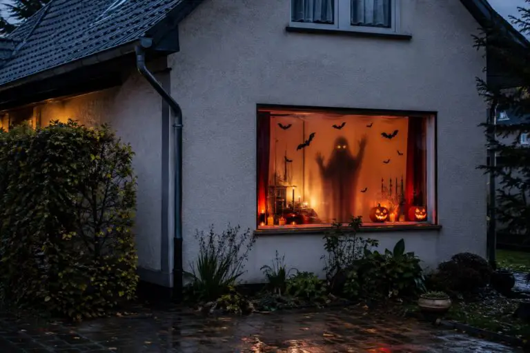 Fotorealistisches deutsches Fenster mit Geistern, Fledermäusen und rotem Halloween-Licht