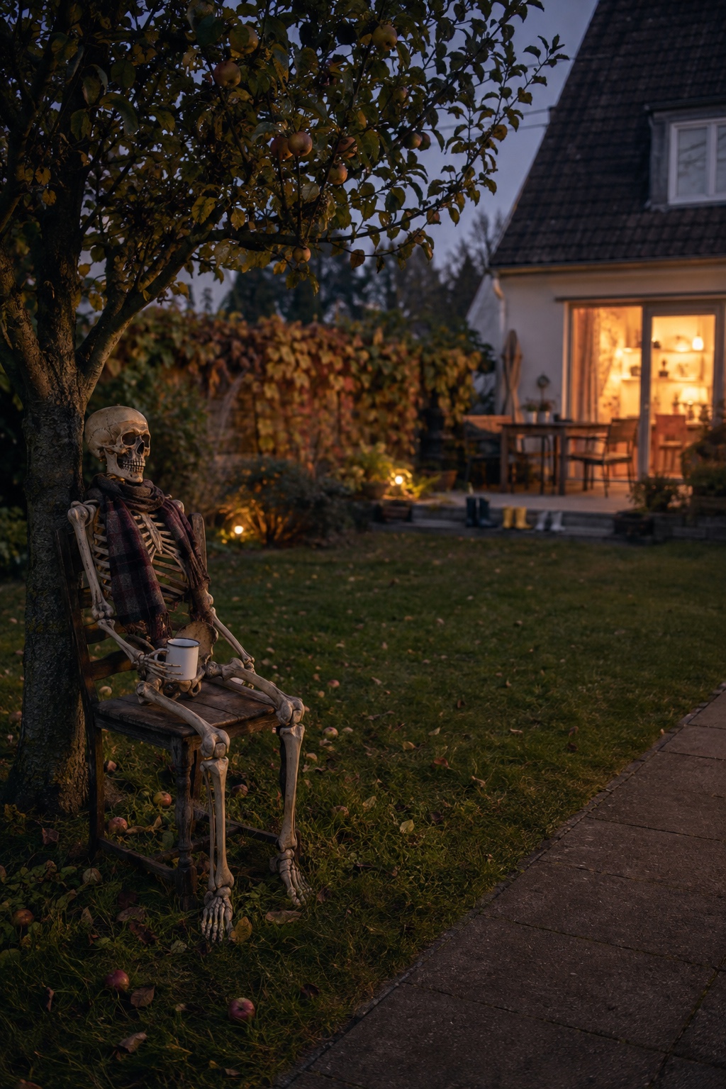 Dekoskelett sitzt mit Schal und Tasse unter einem Apfelbaum im Garten