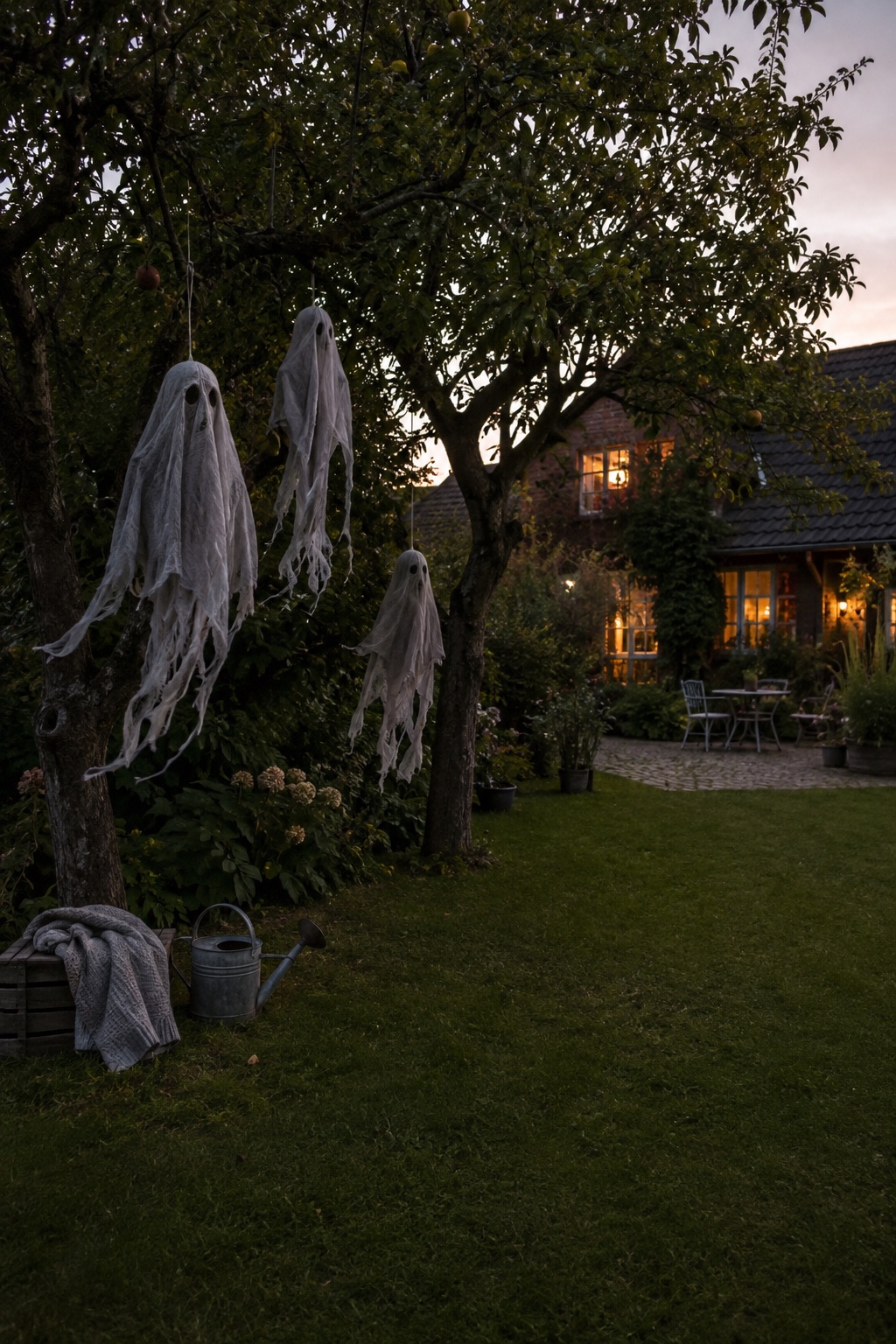 Drei zerrissene Halloween-Geister schweben zwischen Obstbäumen