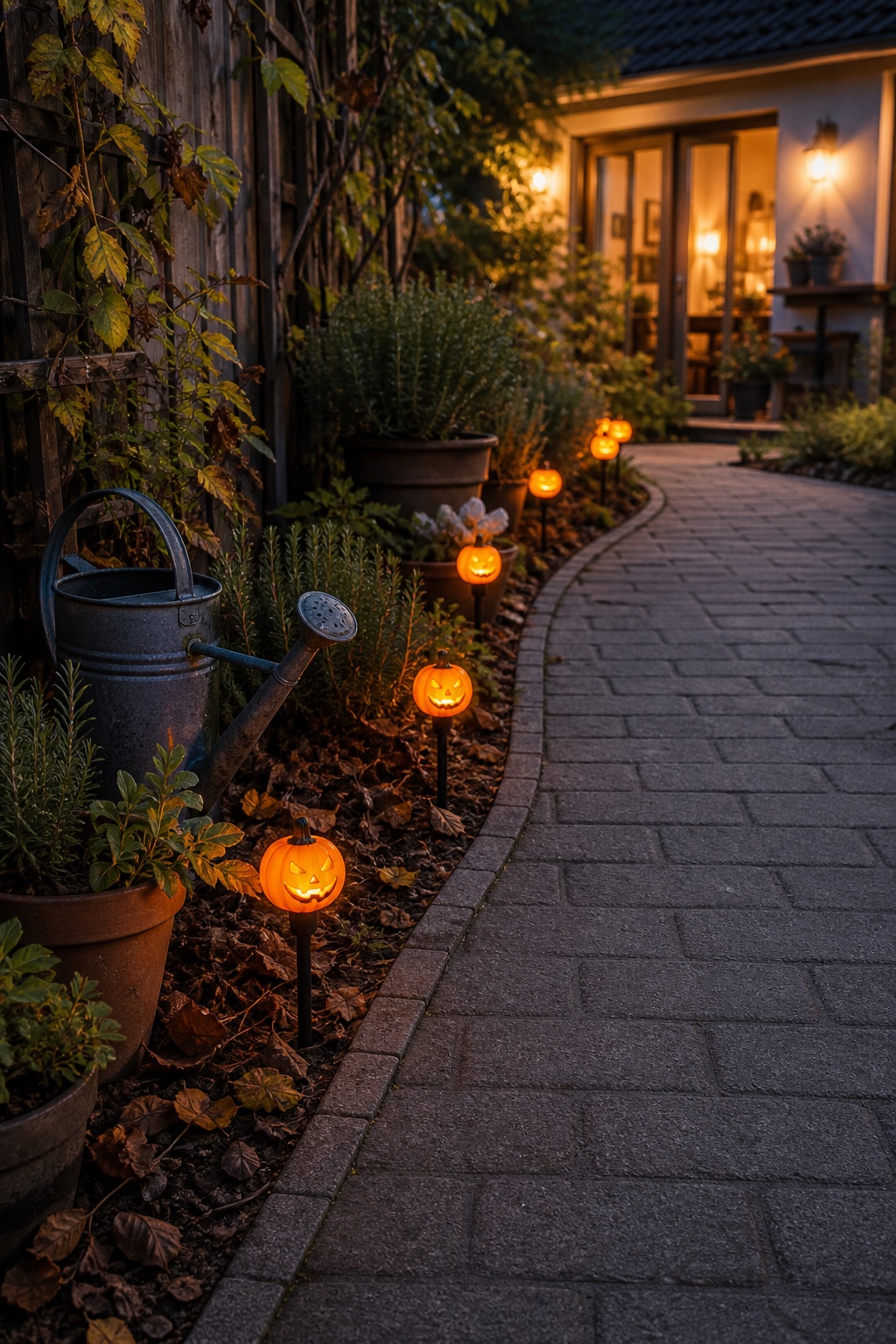 Kleine leuchtende Kürbislaternen folgen dem Rand eines Gartenwegs