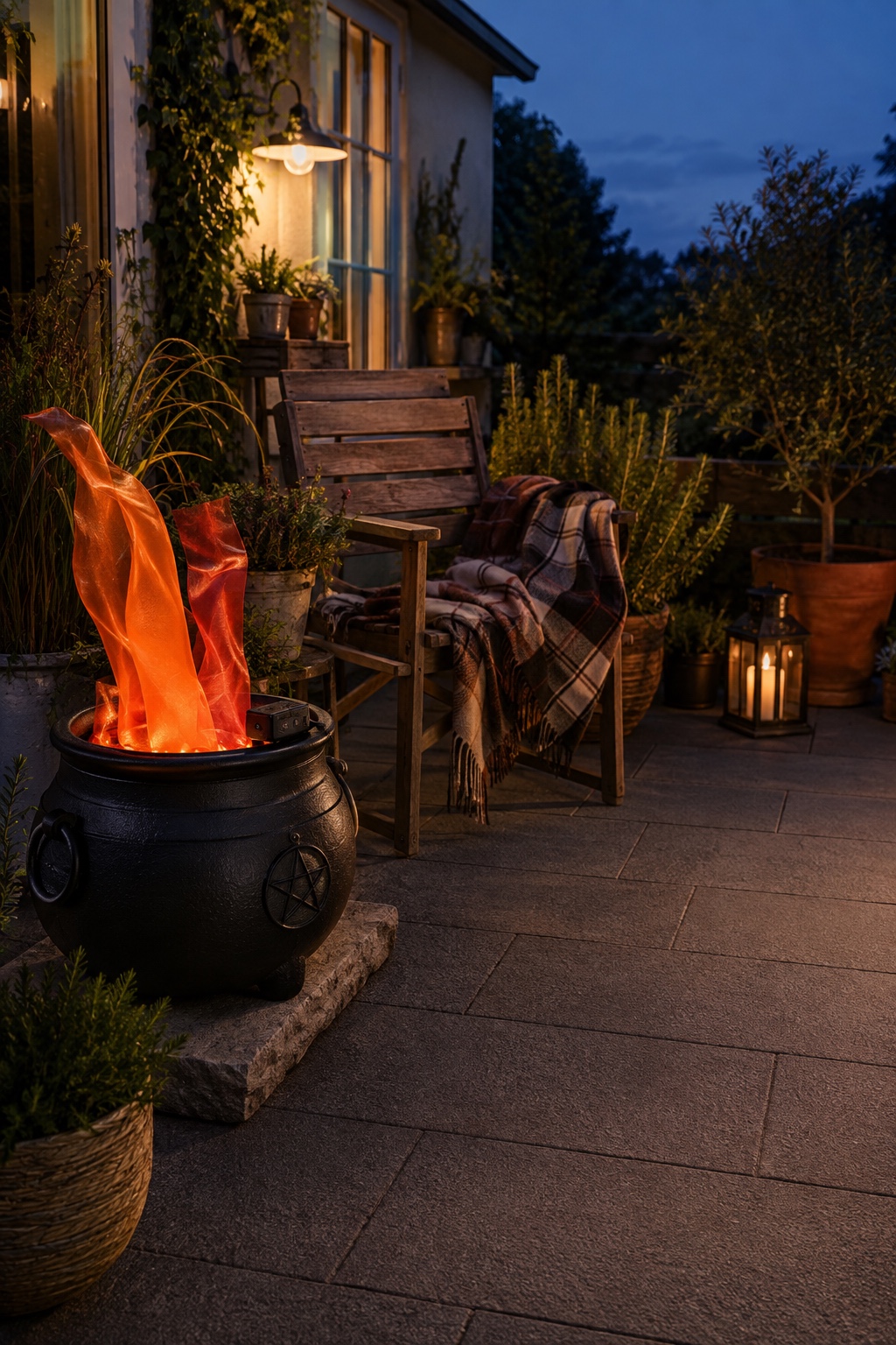 Schwarzer Hexenkessel leuchtet künstlich auf einer geschützten Terrasse