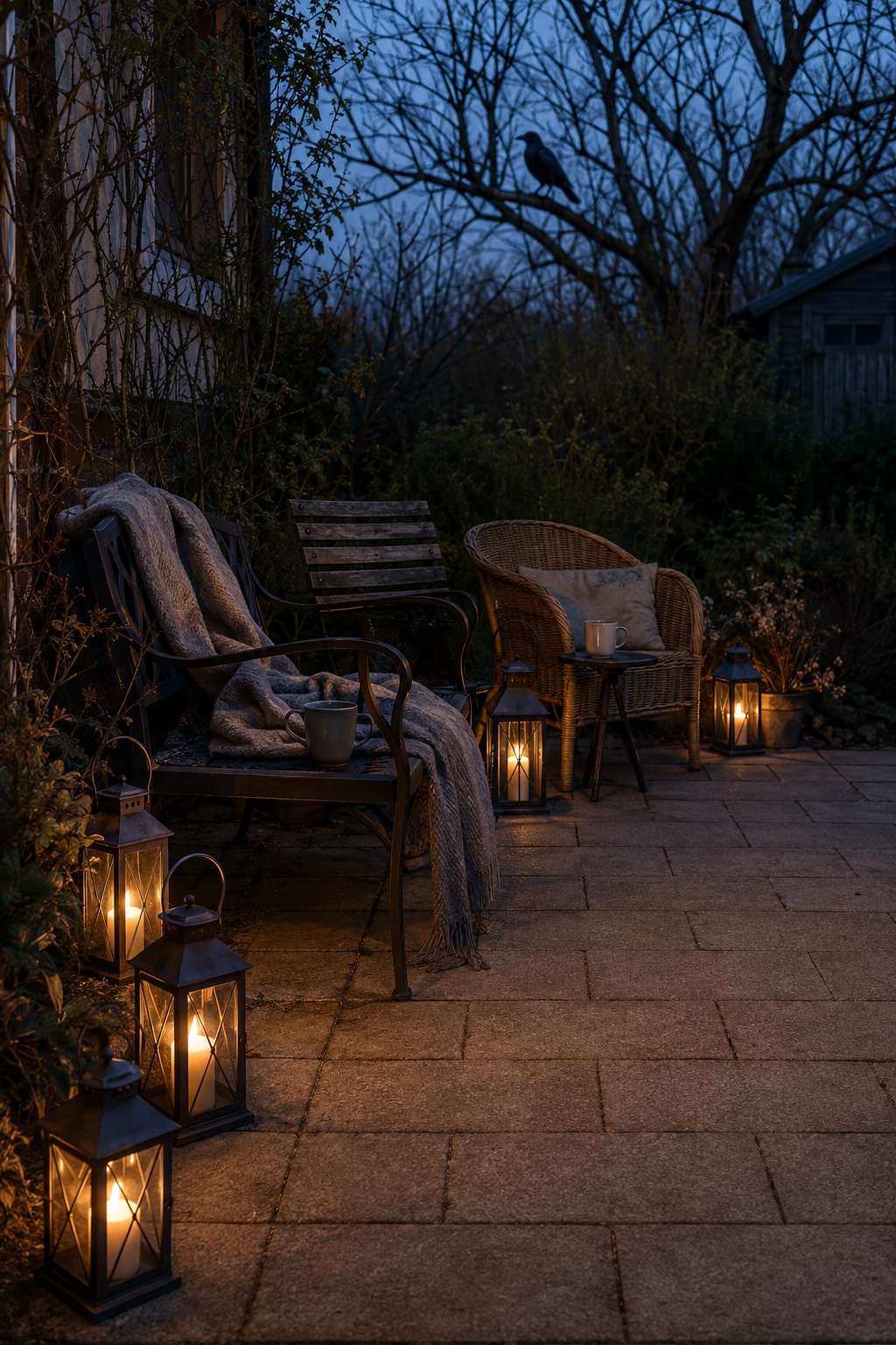 Flackernde LED-Laternen stehen sicher am Rand eines bewohnten Gartensitzplatzes