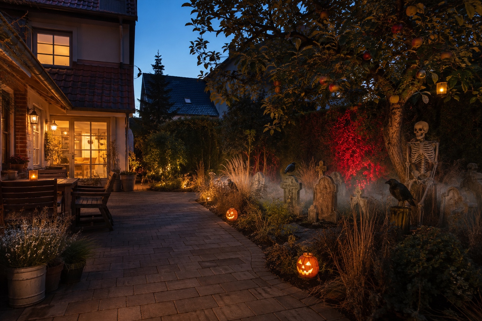 Fotorealistischer deutscher Garten mit Friedhofsdeko, Skelett und Laternen zu Halloween