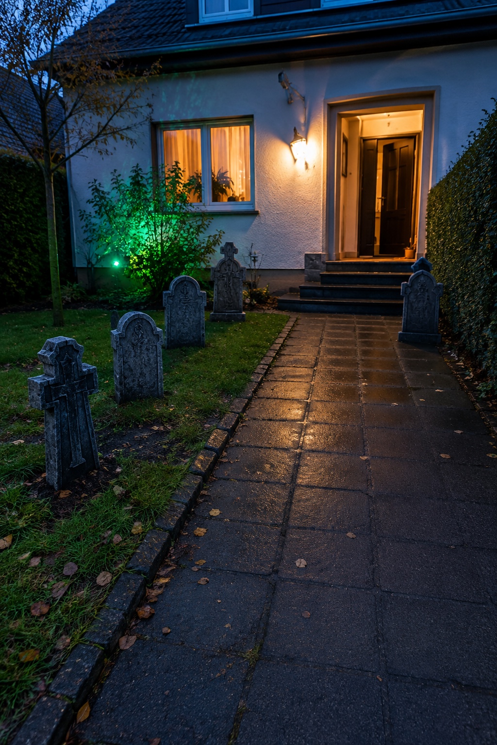 Dekorative Grabsteine bilden einen kleinen Friedhof neben dem Eingang