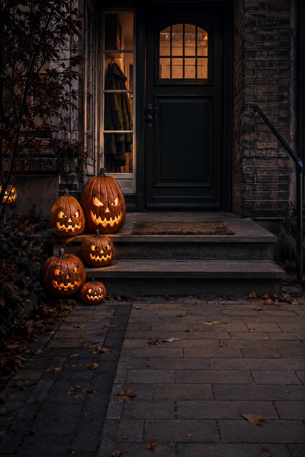 Leuchtende Halloween-Kürbisse stehen seitlich auf breiten Eingangsstufen
