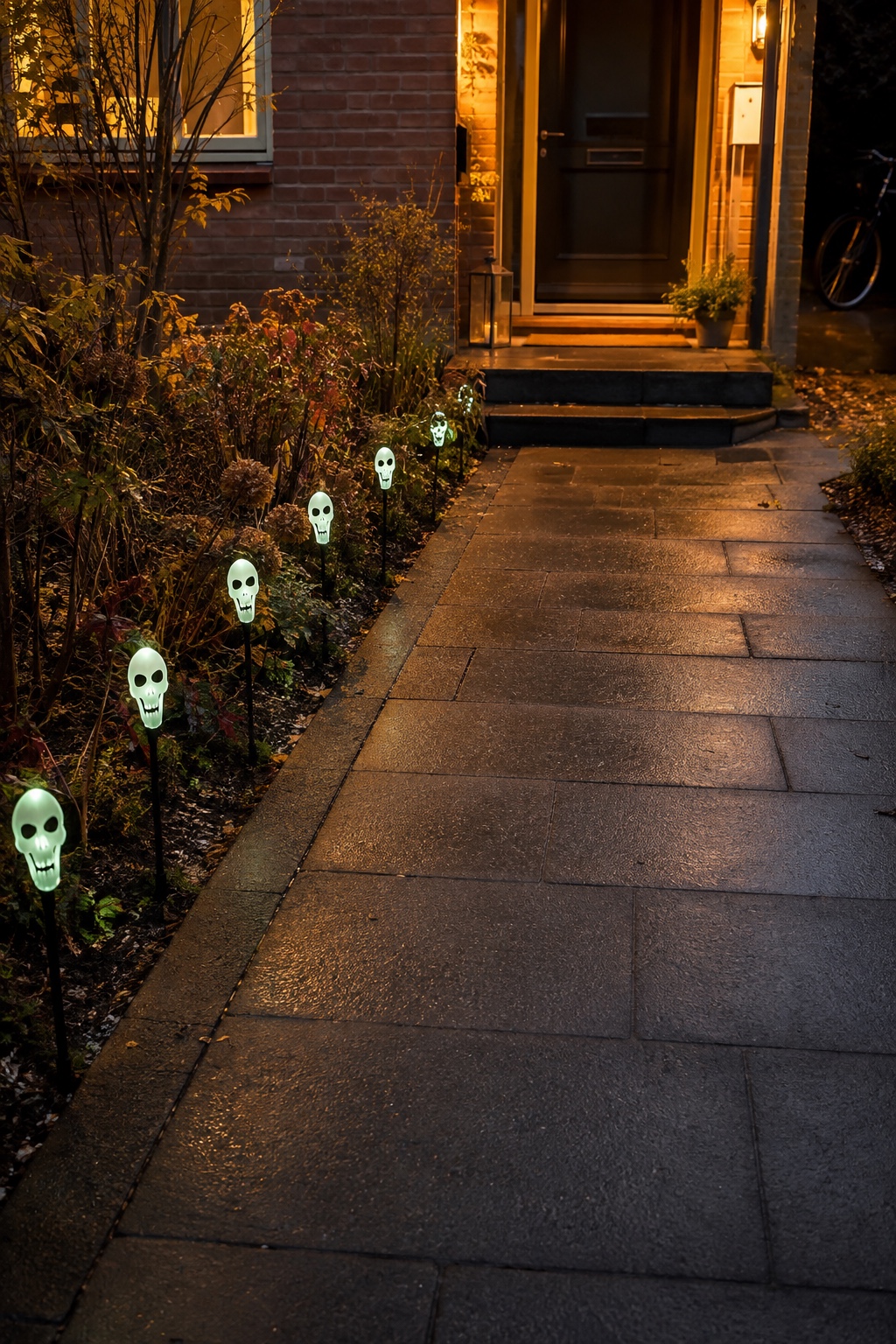 Glimmende Schädel markieren sicher den Rand eines Gartenwegs