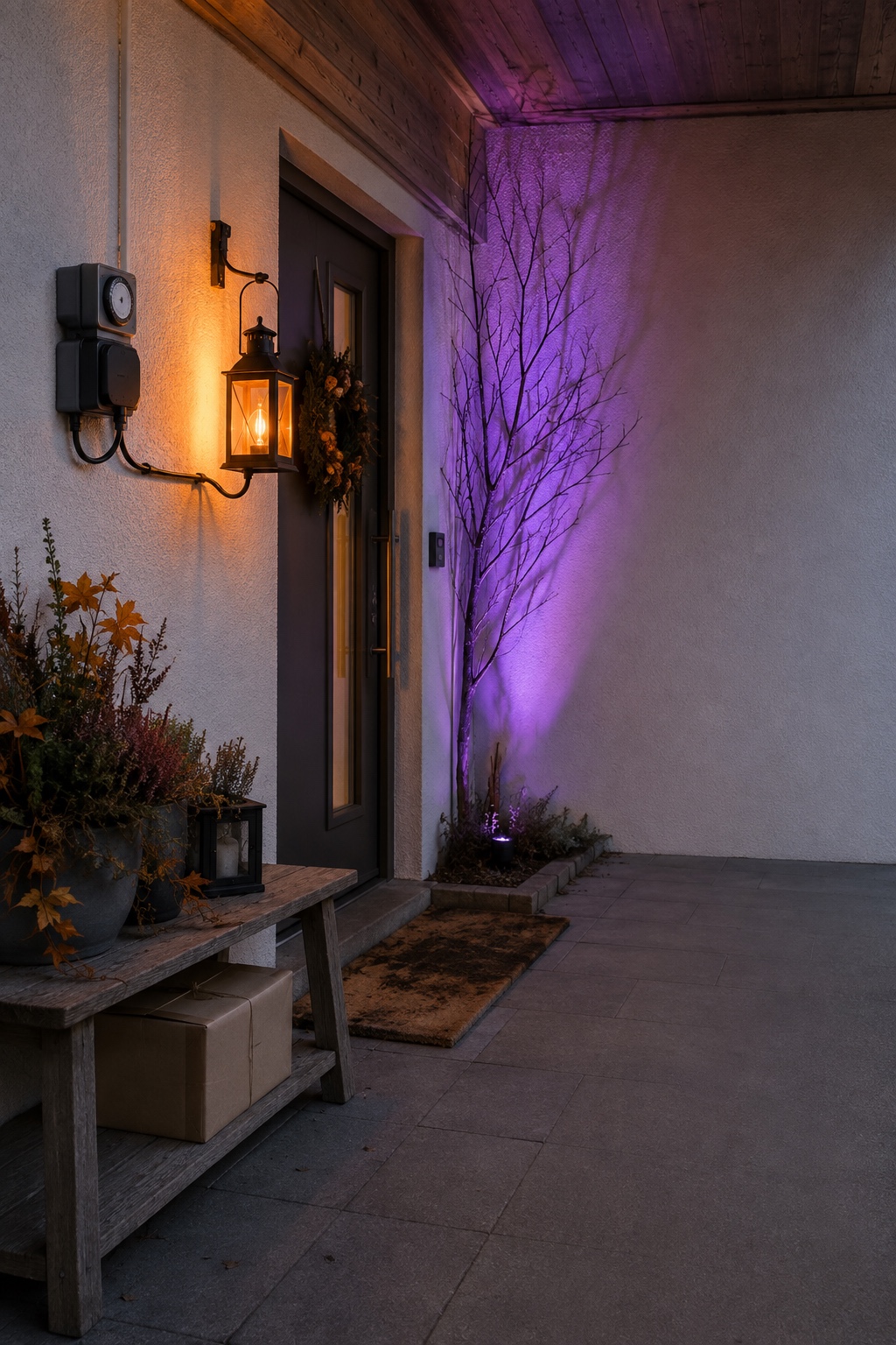 Geschützter Außentimer steuert orangefarbenes und violettes Halloween-Licht