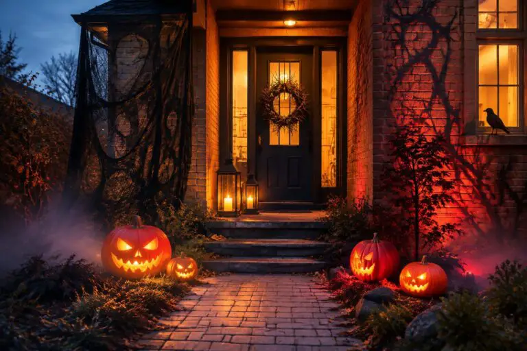 Gruselig dekorierter deutscher Hauseingang zu Halloween mit rotem Licht, Grabsteinen und Laternen
