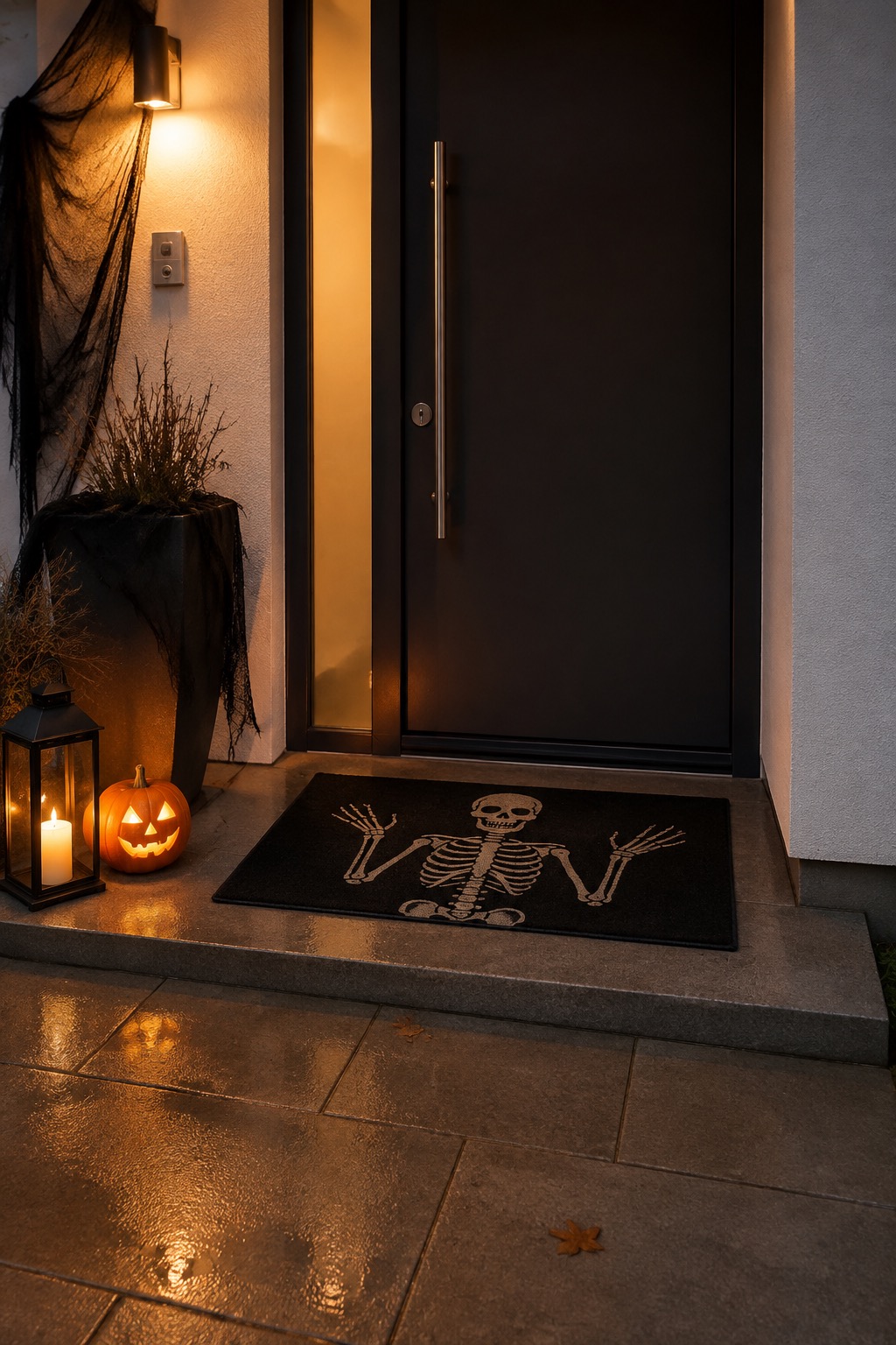 Eine dunkle Halloween-Fußmatte mit Skelettmotiv liegt gerade vor einer freien Haustürschwelle