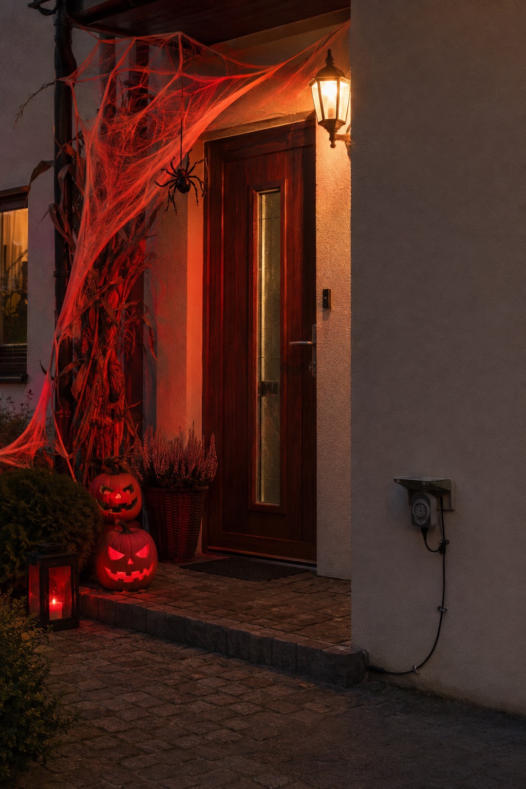 Ein geschützter Außentimer schaltet das rote Halloween-Licht an einer Haustür