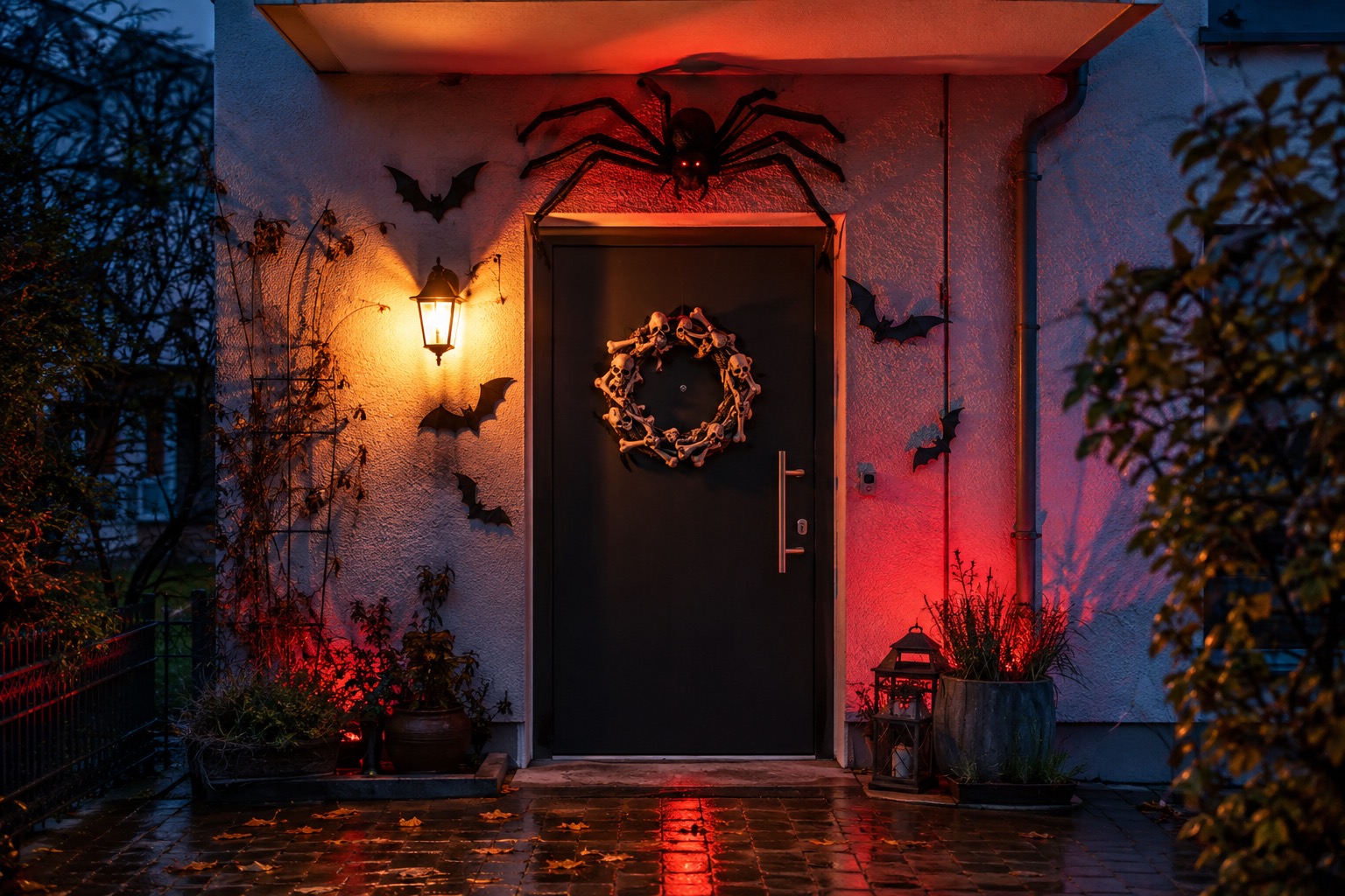 Fotorealistische deutsche Haustür mit Spinne, Knochenkranz und rotem Halloween-Licht