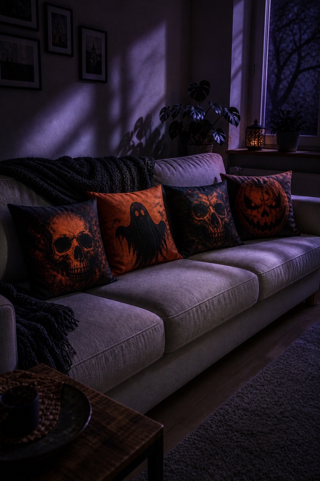 Düstere Halloween-Kissen mit Totenkopf und Geist auf einem Sofa