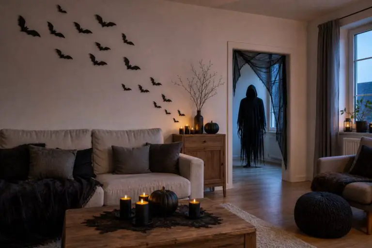 Helles deutsches Wohnzimmer mit Fledermäusen, schwarzen Kürbissen und einer gruseligen Kapuzenfigur zu Halloween