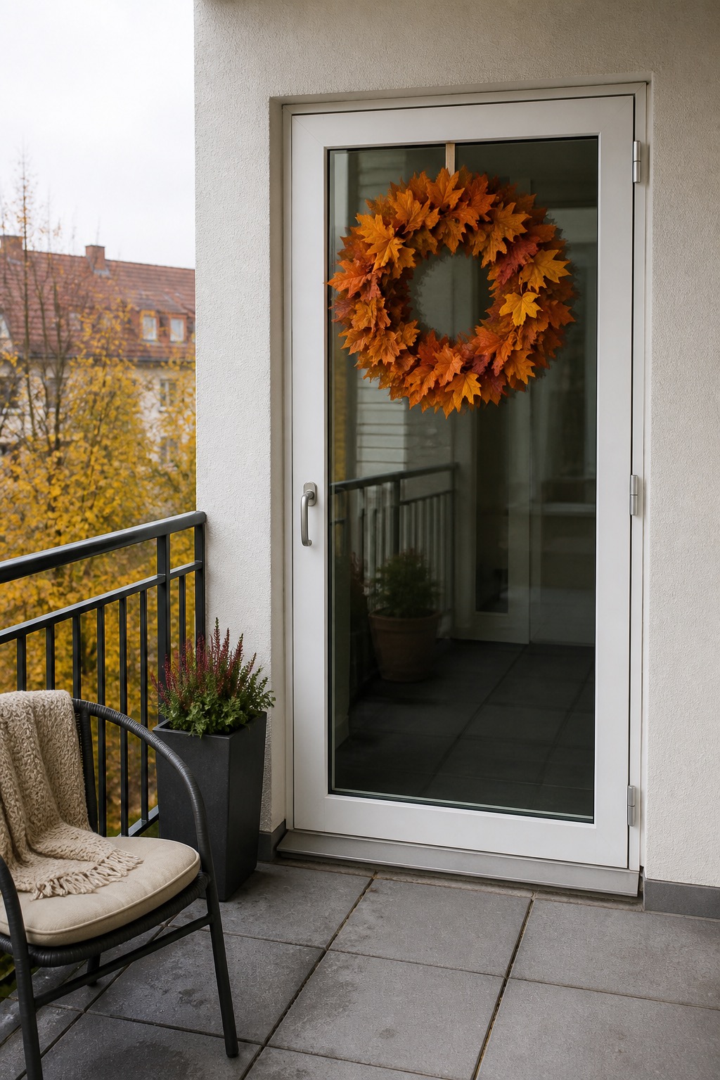 Herbstkranz an der verglasten Balkontür eines bewohnten deutschen Balkons