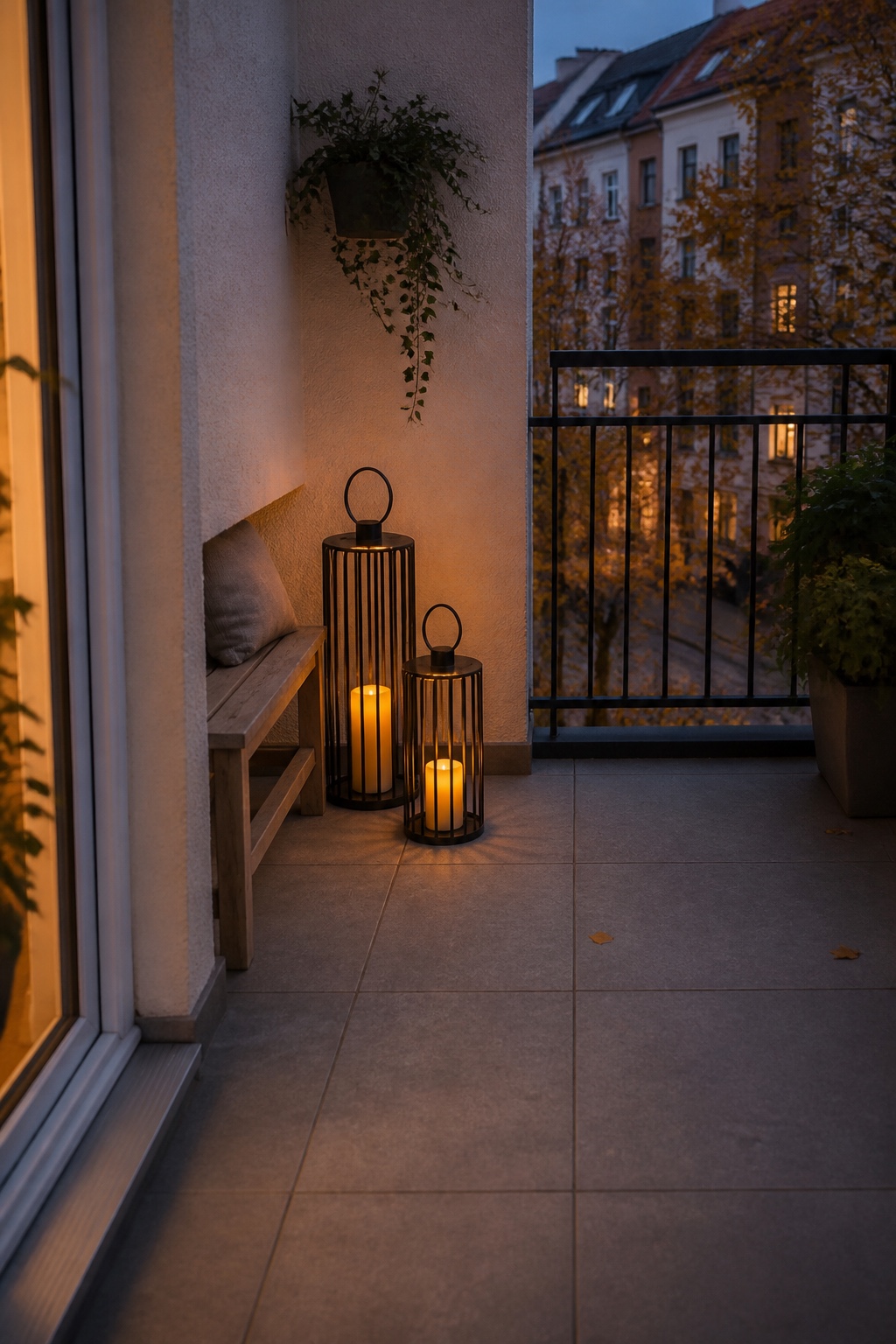 Zwei schwarze Metalllaternen mit LED-Kerzen neben einer Holzbank auf einem deutschen Stadtbalkon