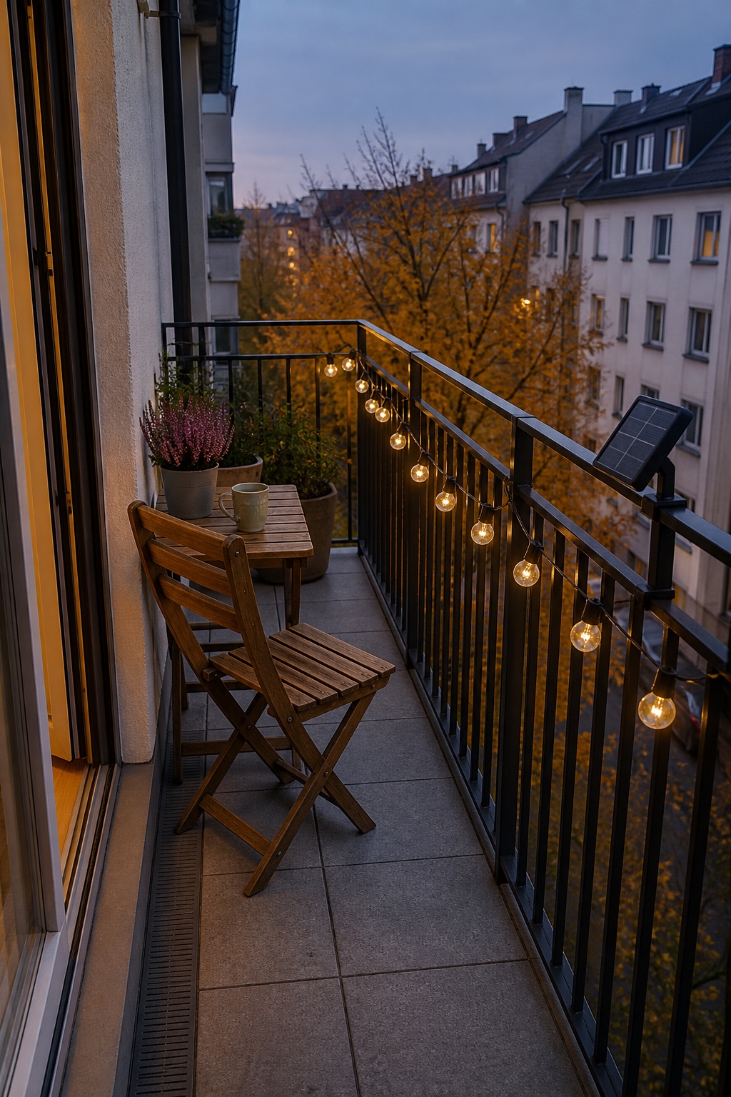 Warmweiße Solarlichterkette mit sichtbarem Solarpanel an einem schwarzen Balkongeländer