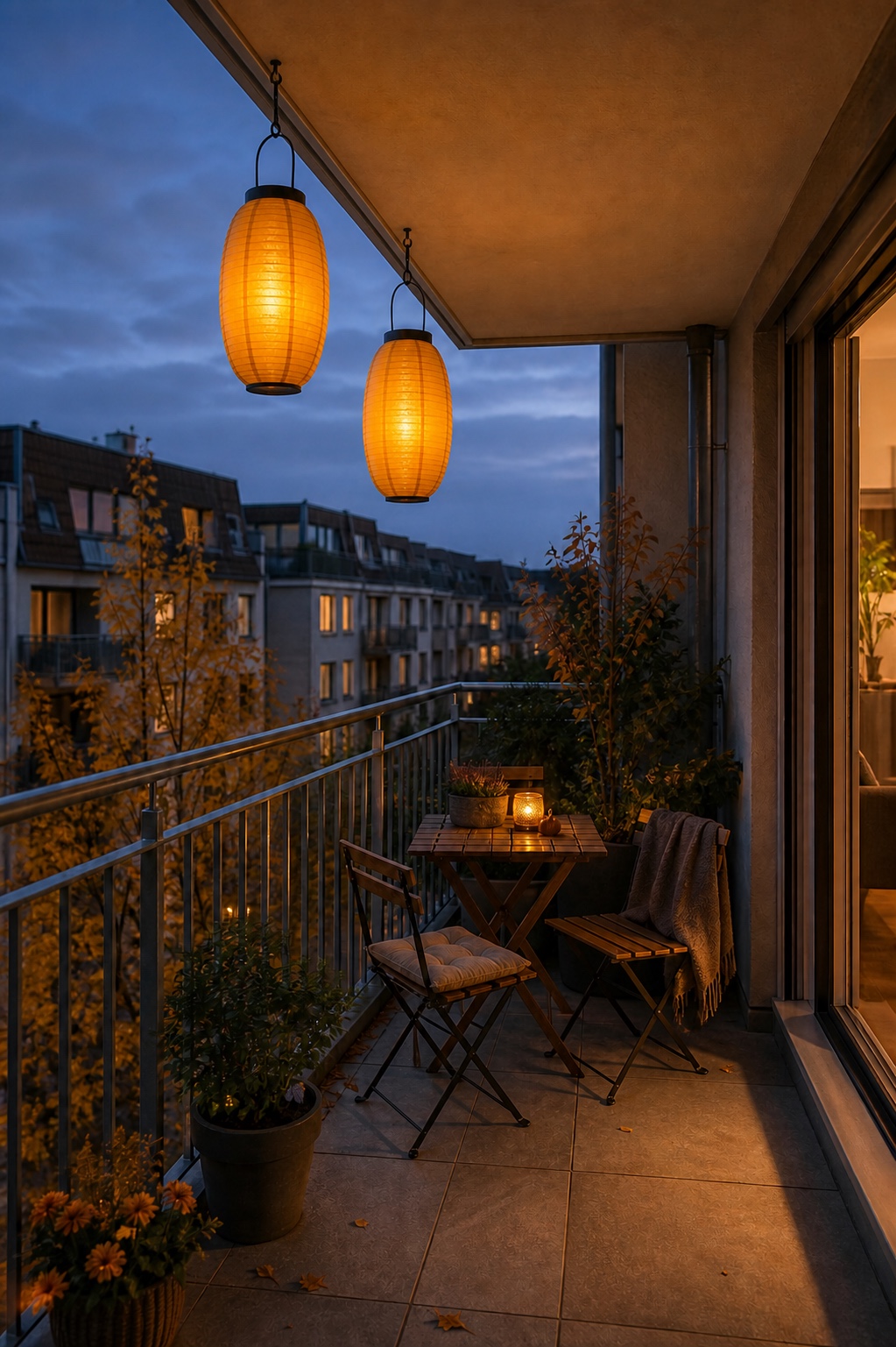 Zwei warmgelbe Solar-Lampions an der offenen Dachkante über einer Balkonsitzecke