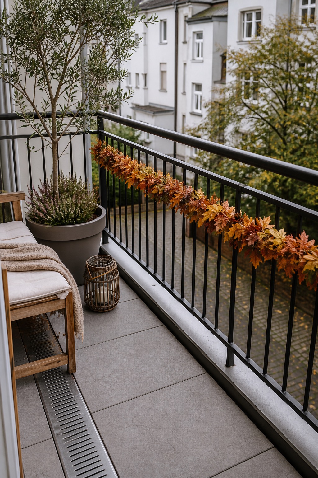 Herbstliche Ahornblättergirlande an der Innenseite eines Balkongeländers