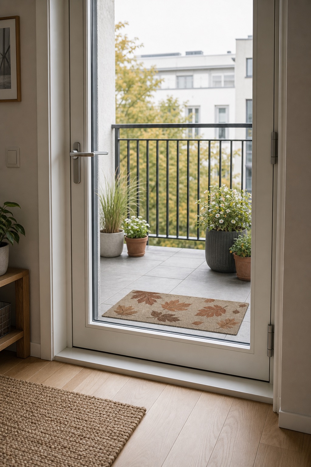 Wetterfeste Fußmatte mit Blättermotiv vor einer Balkontür