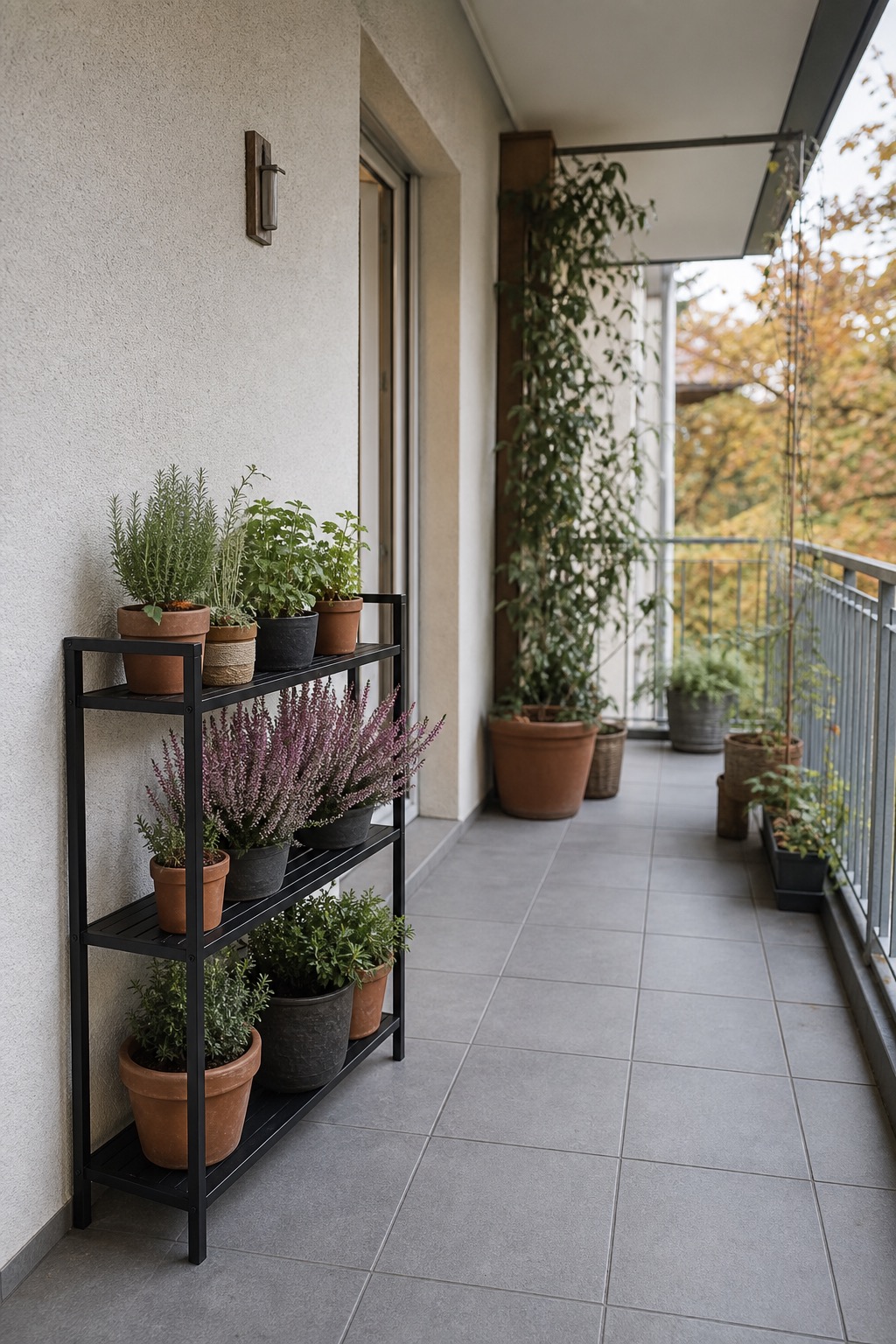 Schwarzes dreistufiges Pflanzenregal mit Heide und Gräsern auf einem Stadtbalkon