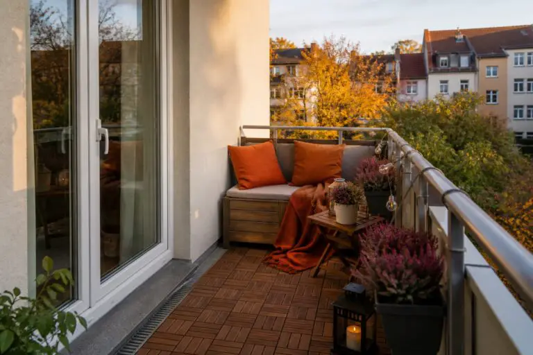 Herbstlich dekorierter deutscher Stadtbalkon mit geschlossener Balkontür und freiem Laufweg