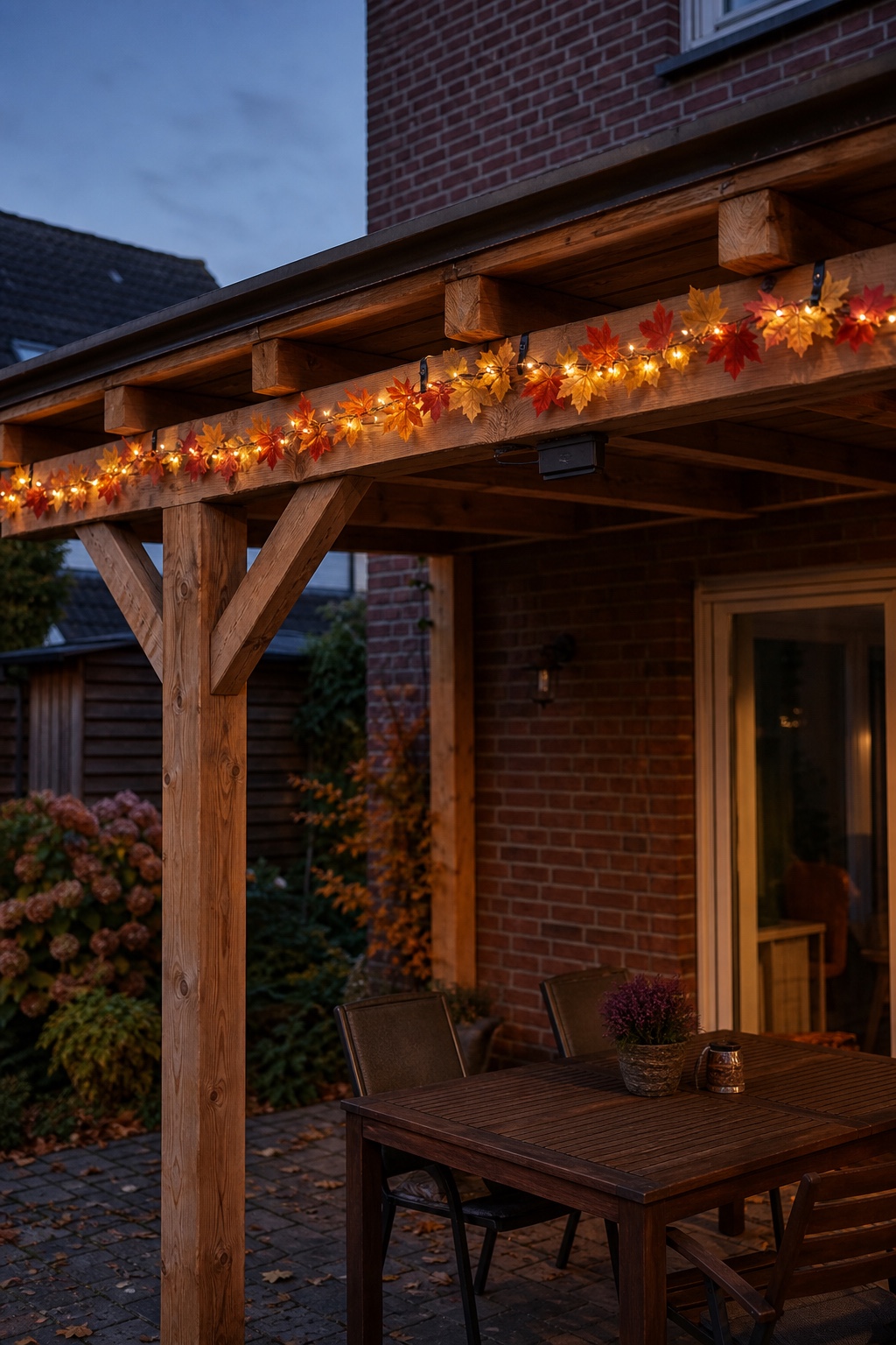 Leuchtende Herbstblattgirlande entlang eines Holzbalkens an einer deutschen Gartenpergola