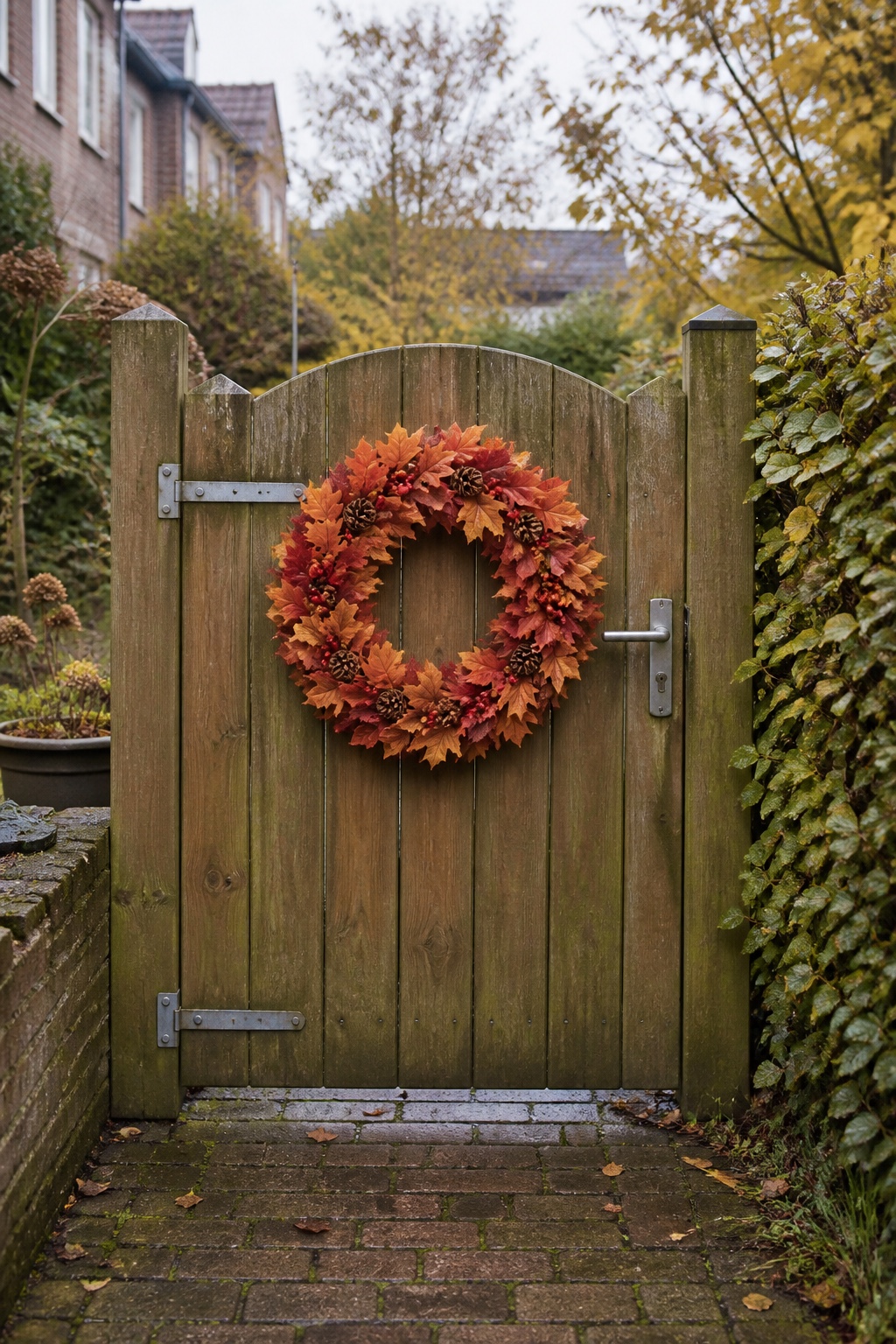 Großer Herbstkranz mit bunten Blättern an einem geschlossenen Holztor im Garten