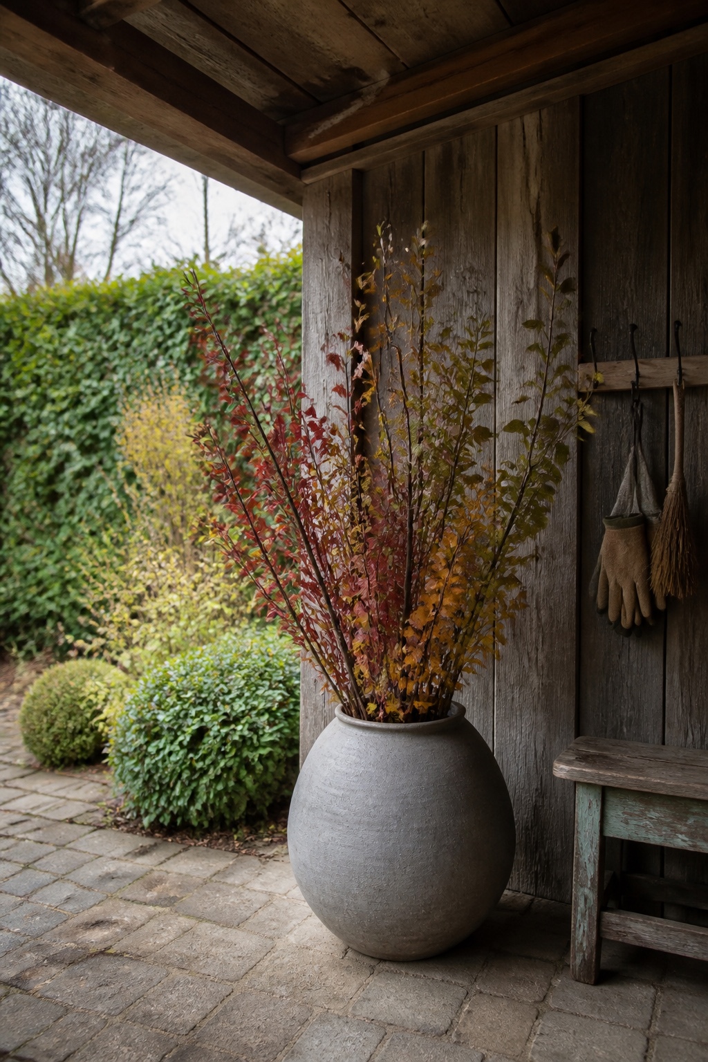 Schwere graue Bodenvase mit hohen Herbstzweigen an der geschützten Wand eines Gartenhauses