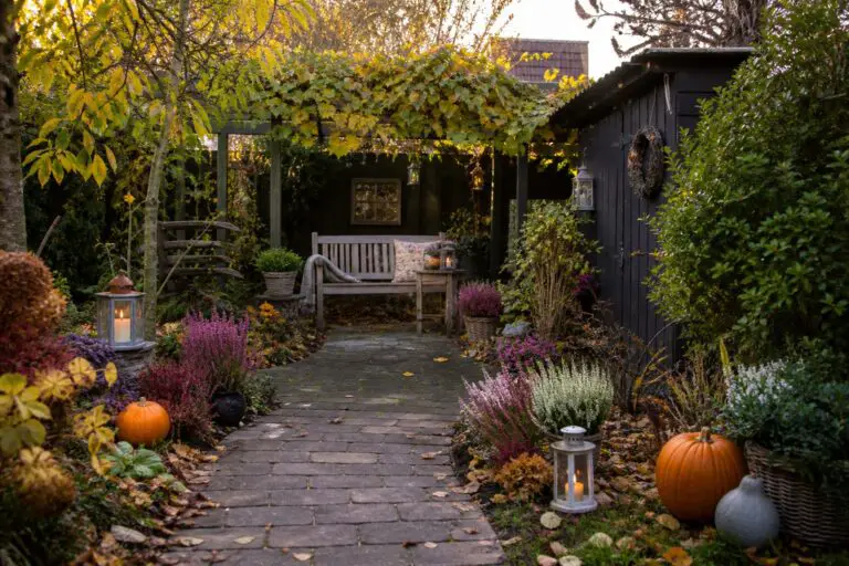 Herbstlich dekorierter deutscher Garten mit Weg, Bank, Laternen und Heide