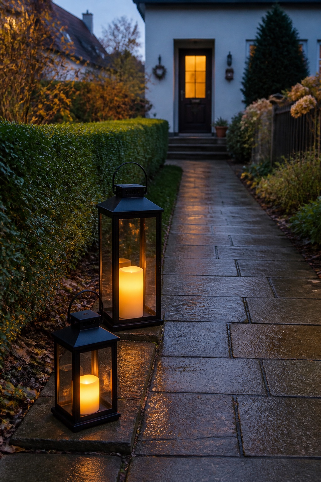 Zwei schwarze Außenlaternen mit warmen LED-Kerzen neben einem gepflasterten Gartenweg