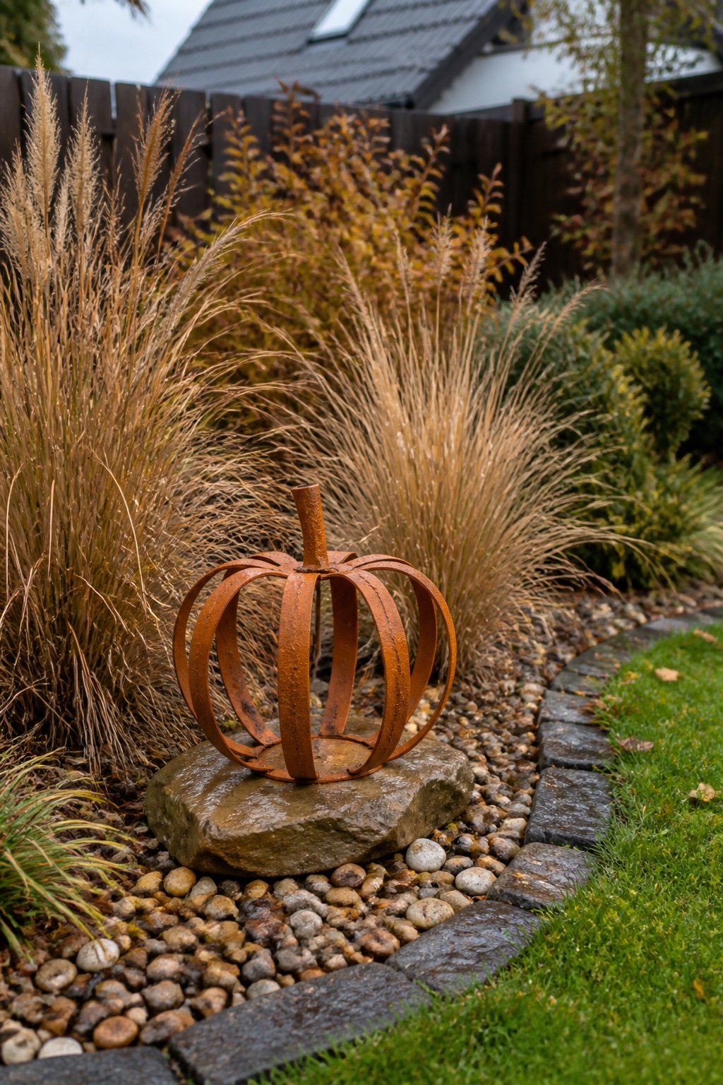 Orangefarbener Metallkürbis zwischen niedrigen Ziergräsern in einem herbstlichen Gartenbeet
