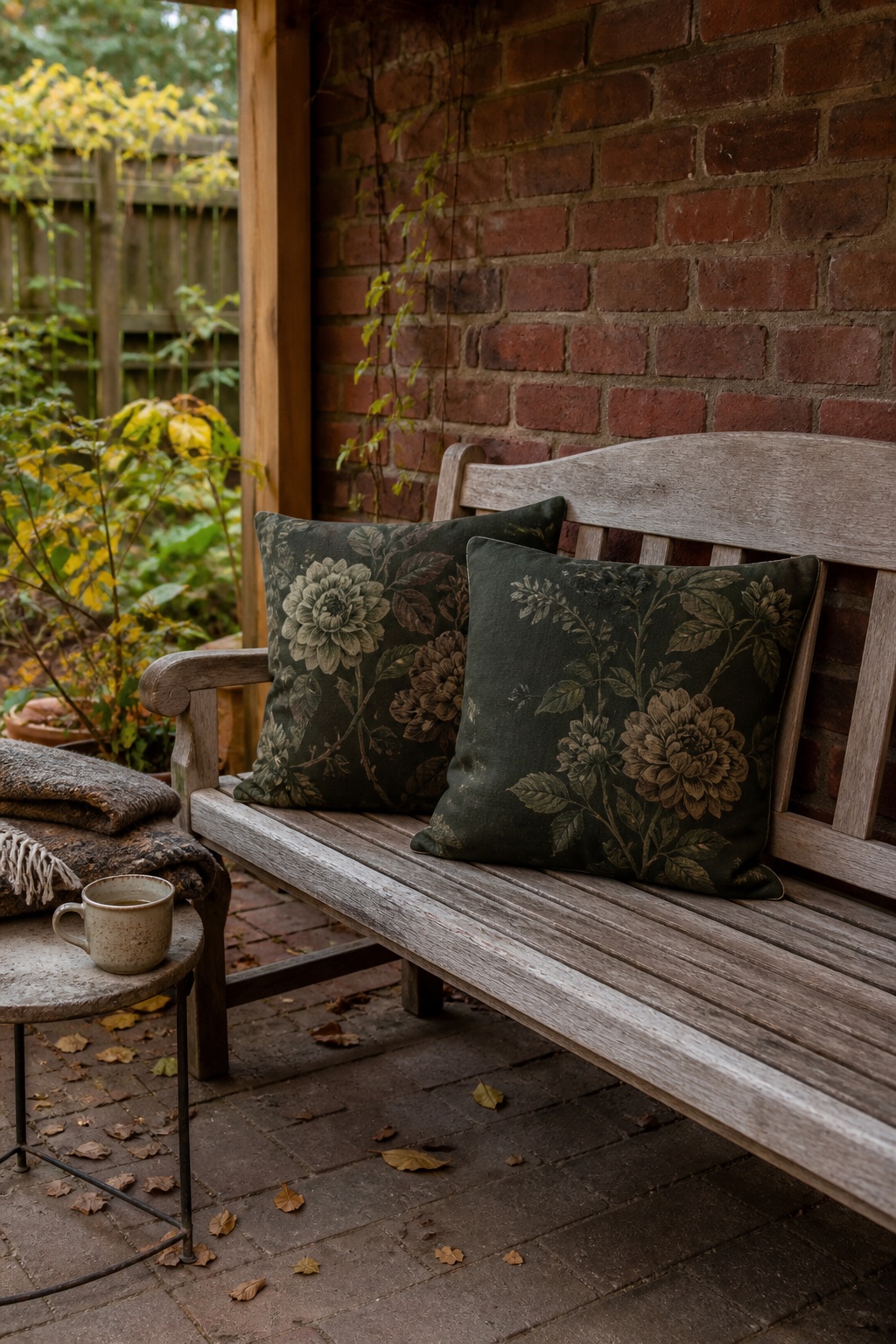 Bewohnte Gartenbank mit zwei grünen Dahlienkissen und einer gefalteten Wolldecke im Herbst