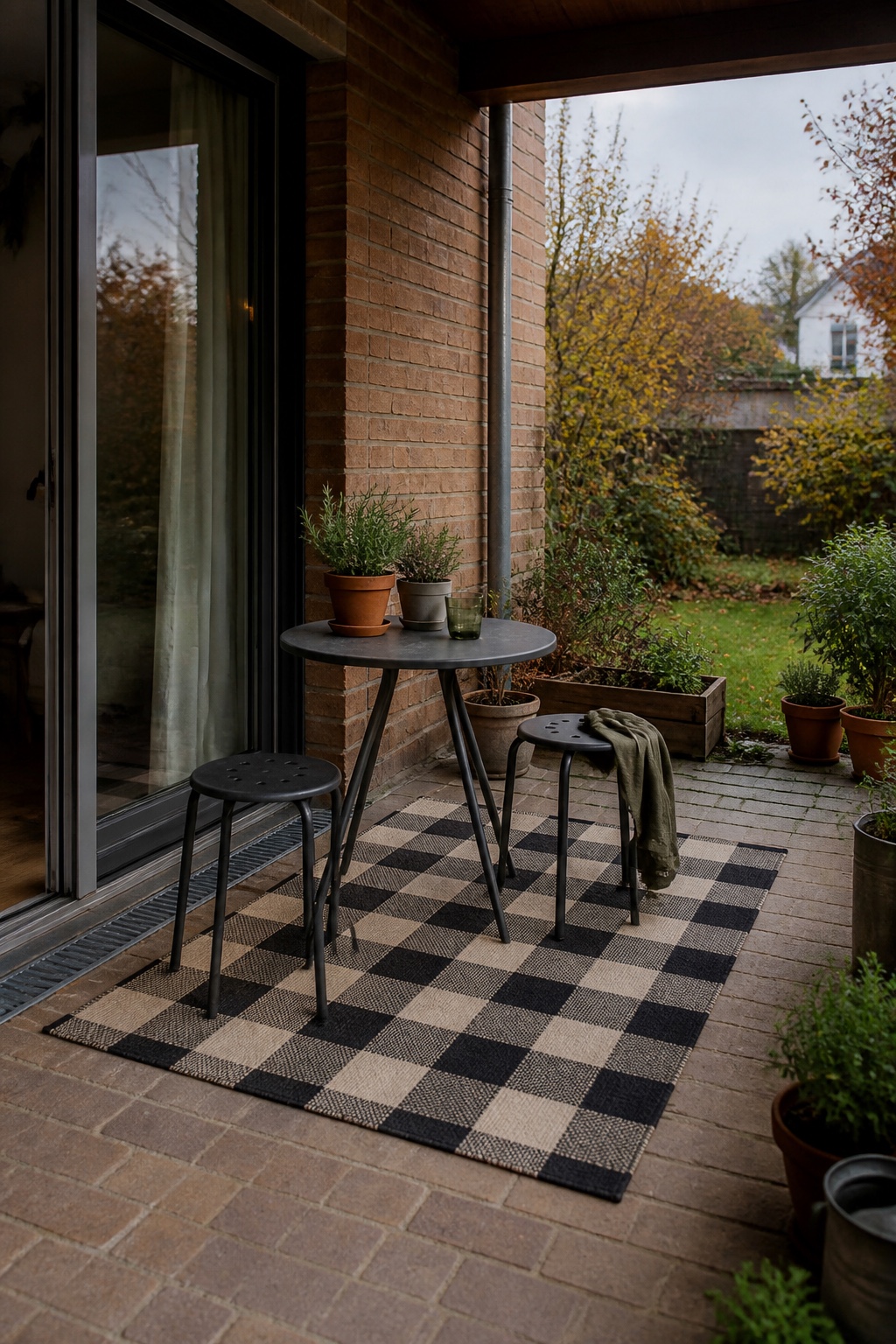 Schwarz weiß karierter Outdoor-Teppich unter einem kleinen Tisch auf einer überdachten Gartenterrasse