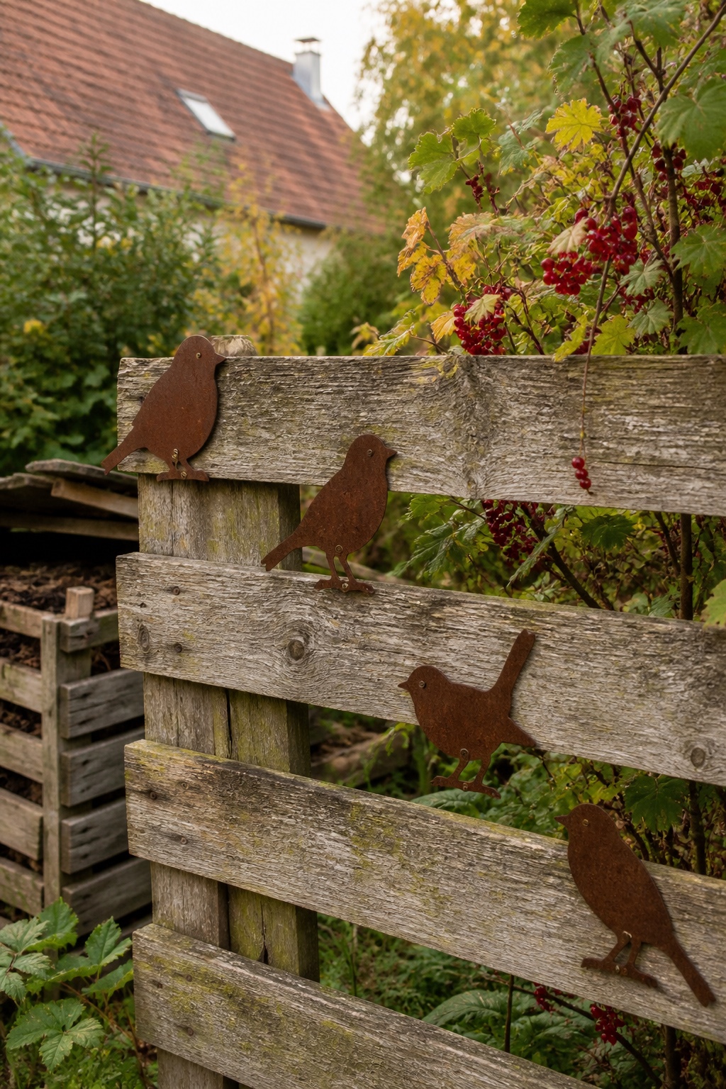 Vier kleine Rostvögel in lockeren Abständen auf einem alten Holzzaun im Herbstgarten