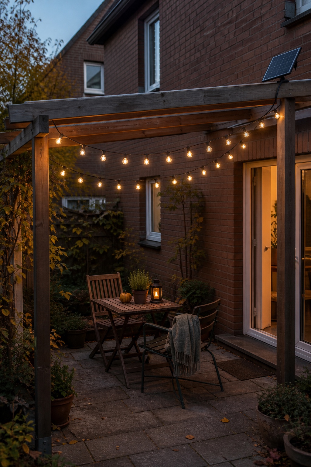 Warm leuchtende Solarlichterkette über einem bewohnten Gartensitzplatz mit Holztisch