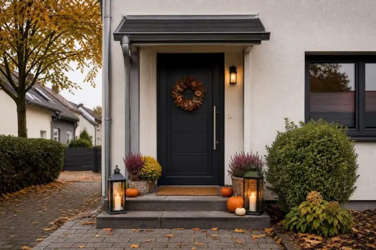 Herbstlich dekorierter Hauseingang mit Kranz, Laternen und Pflanzkörben