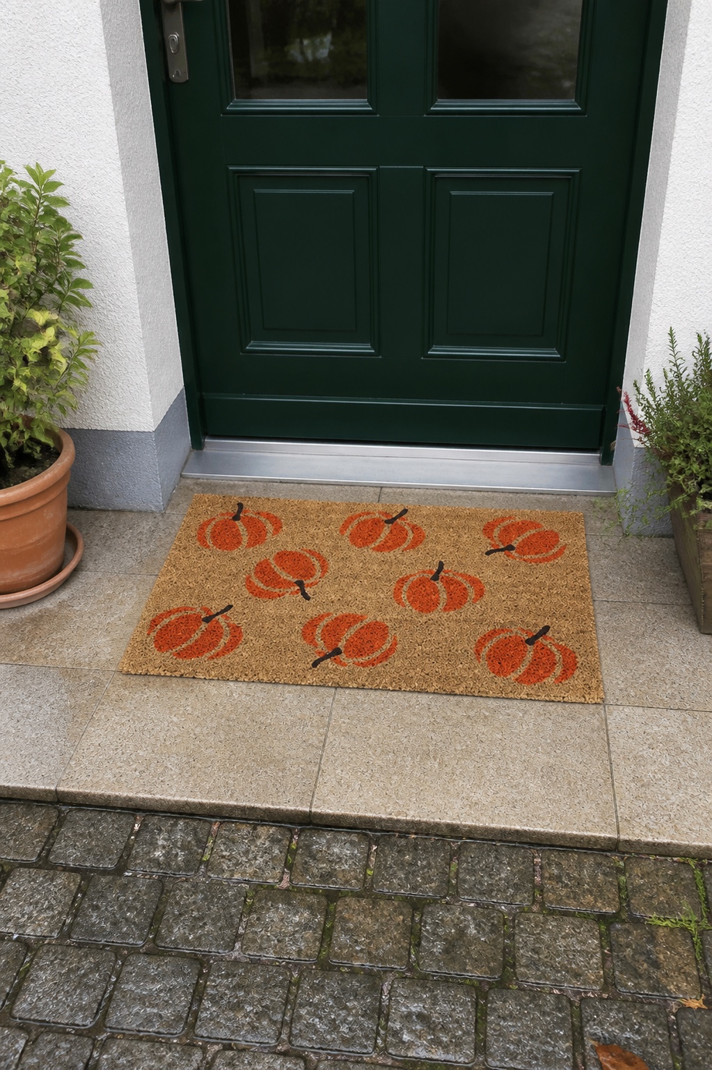 Kokos-Fußmatte mit orangefarbenen Kürbissen vor einer grünen Haustür