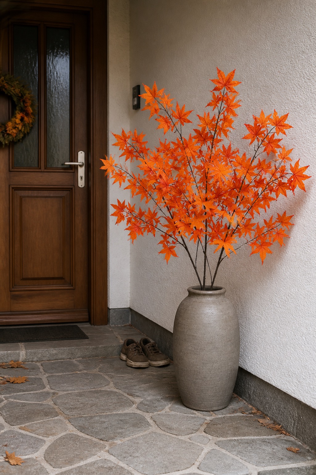 Hohe orangefarbene Herbstzweige in einer schweren grauen Bodenvase neben der Haustür