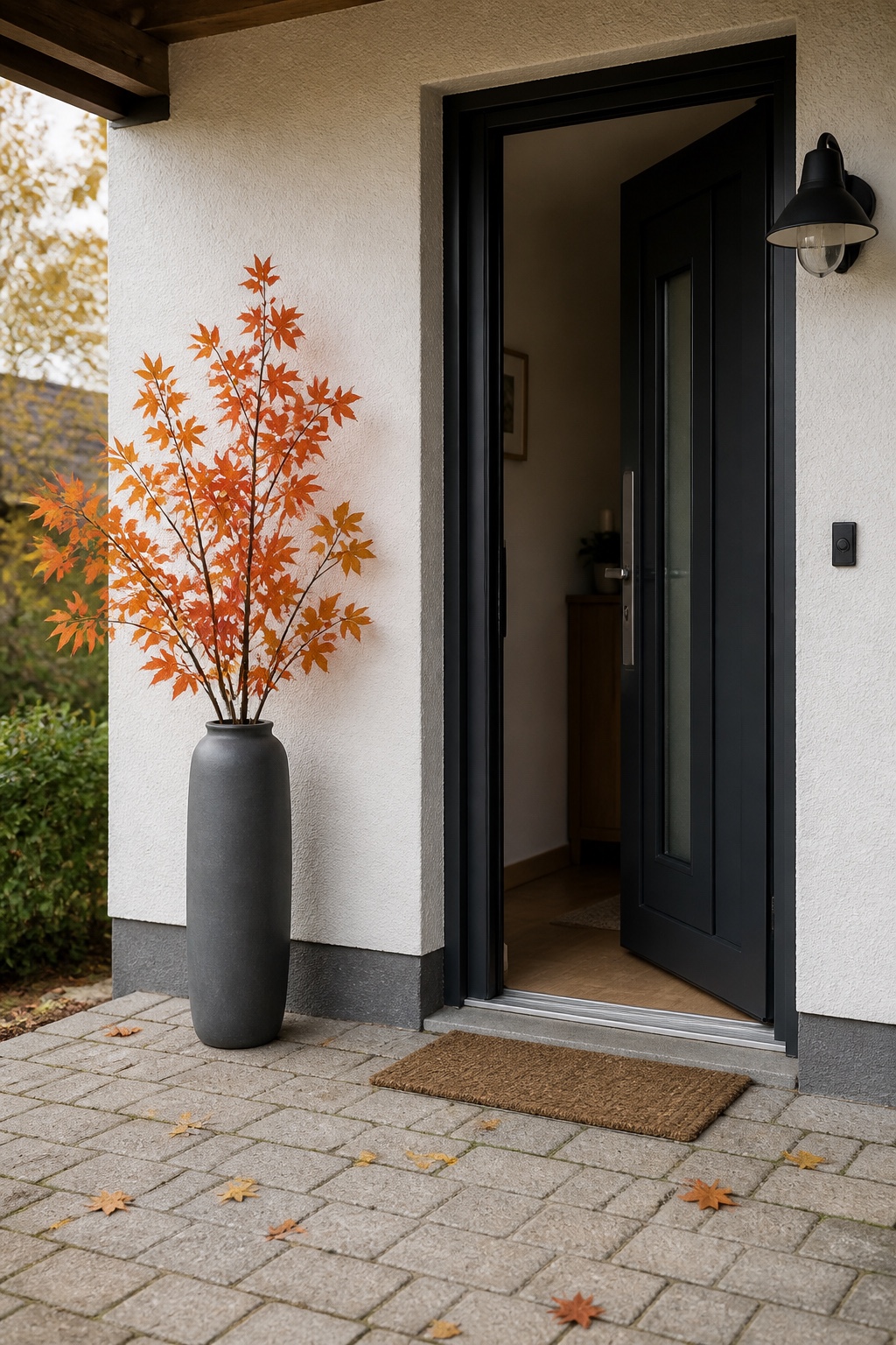 Hohe orangefarbene Herbstzweige in einer schweren Bodenvase unter dem Vordach