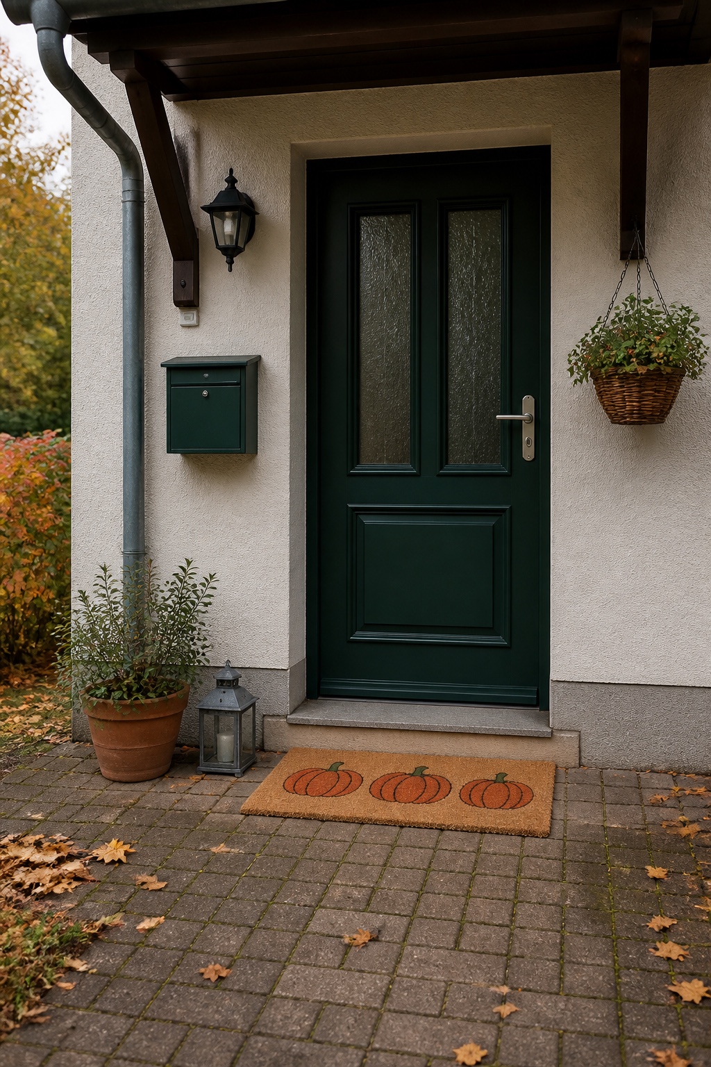 Flache Kokosmatte mit schlichtem Kürbismotiv vor einer Haustür